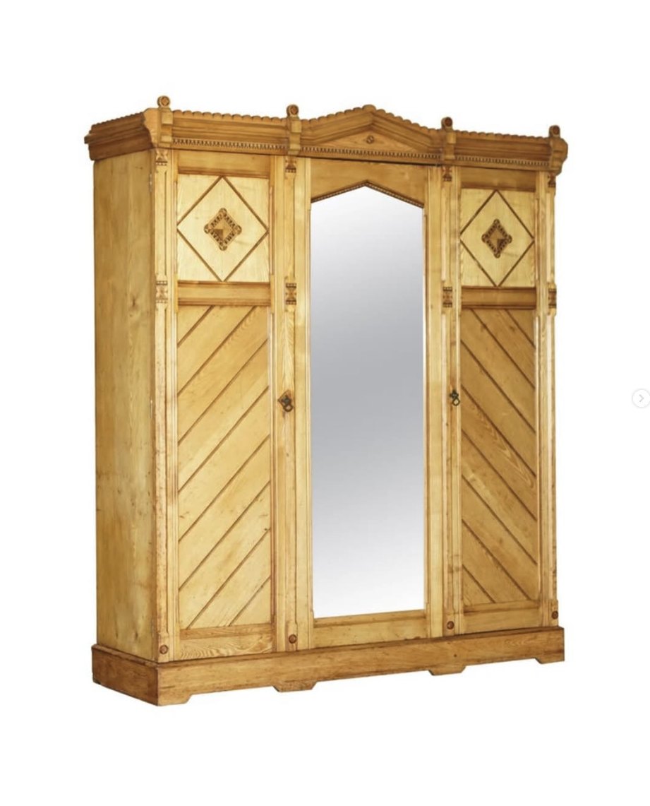 Antique pine triple wardrobe with mirror