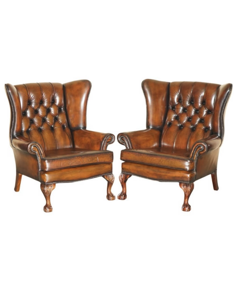 Pair of restored leather wingback chairs